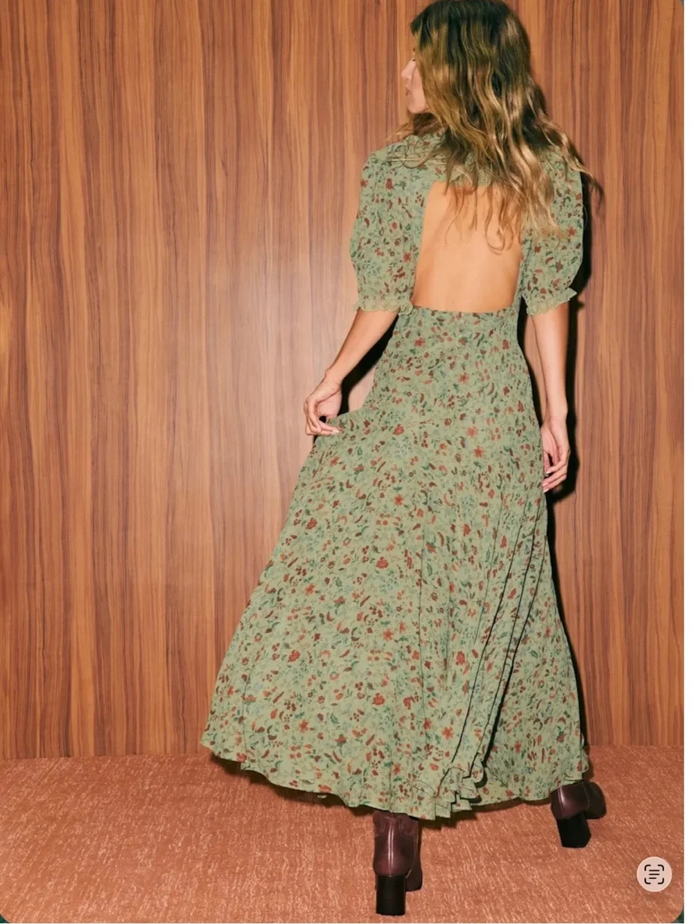 Reformation Evra Floral Ruffle Midi Dress Ponderosa Green Size 6 NWT Romantic - Picture 7 of 12